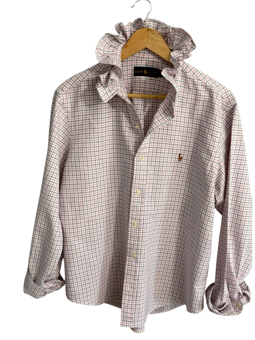 Ralph Lauren Upcycled Women’s White Shirt with Pink and Green Grid Plaid